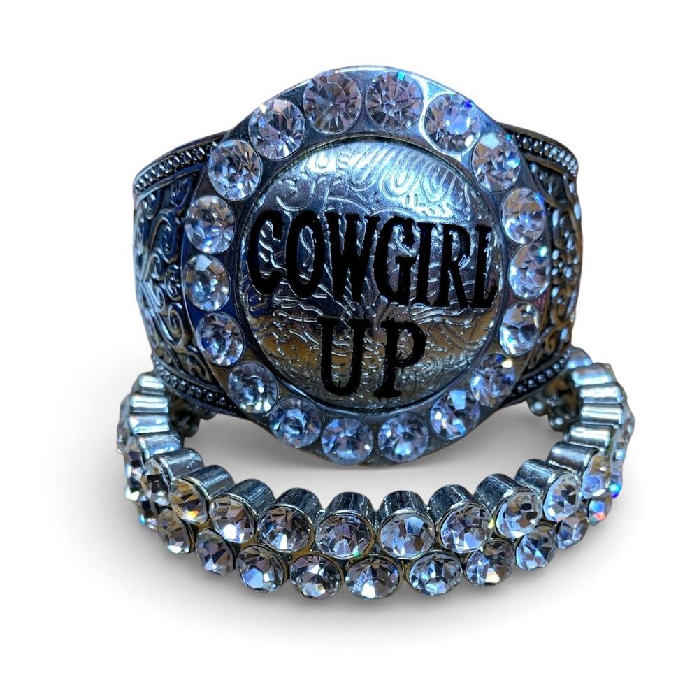 Cowgirl Up Western Style Cuff Bracelet Set - Silver Rhinestone